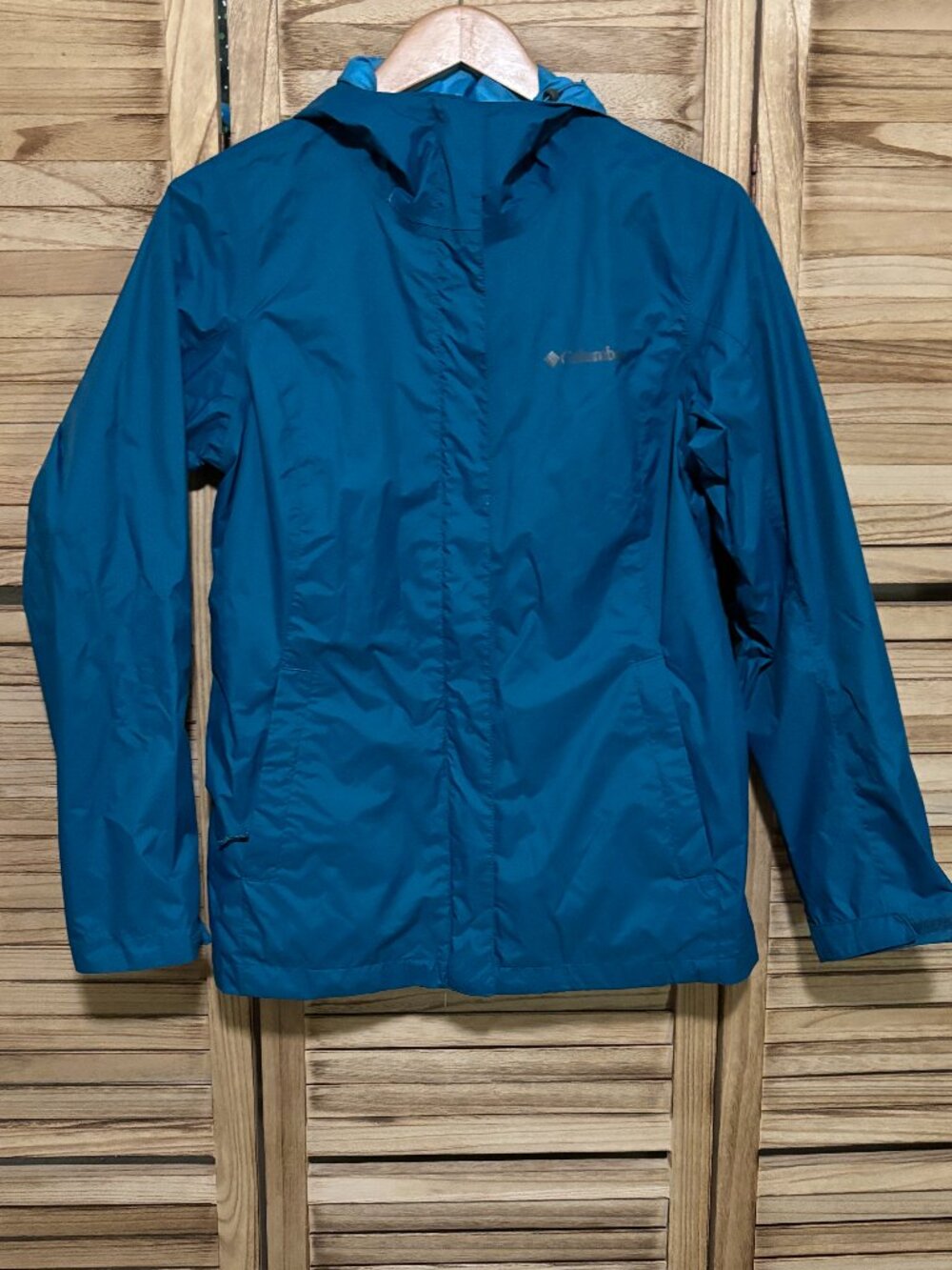 Columbia Teal Blue Mesh-Lined Hooded Rain Jacket Size Small Cinch Waist